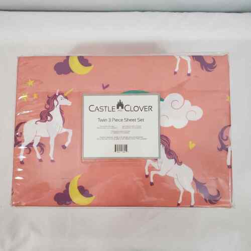 NWT Castle and Clover Twin 3 Piece Sheet Set Pink Unicorn Rainbow - Picture 1 of 5