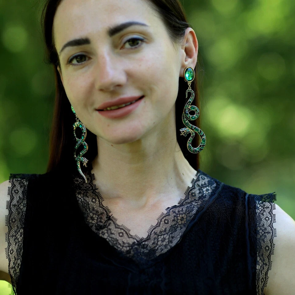 Ohrringe Clip Auf Golden Lang Schlange Grün Schwarz Vintage Stil QD1 - Bild 3 von 4