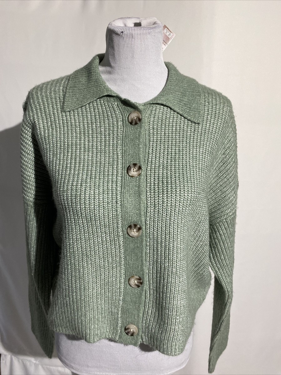 Jessica Simpson Women’s Sz Medium Knit Collared Sage Green Crop Cardigan  Sweater - Main Image