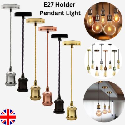 E27 Vintage Light Fitting Ceiling Rose Fabric Cable Pendant Lamp Holder ...