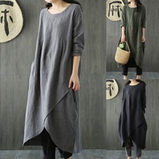 Women Baggy Maxi Dress Cotton Linen Ladies Casual Loose Long Sleeve Tunci Kaftan