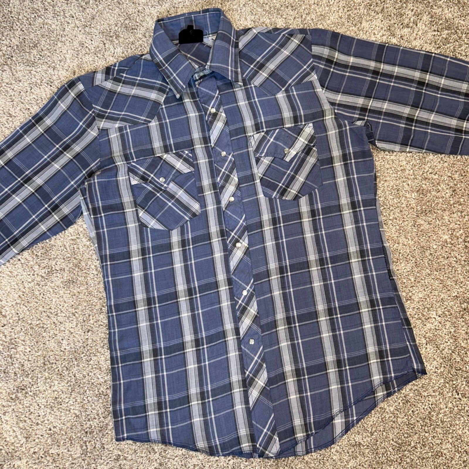 Vintage Champion Westerns Pearl Snap Shirt Men Size 15.5-34 Blue Plaid Cowboy