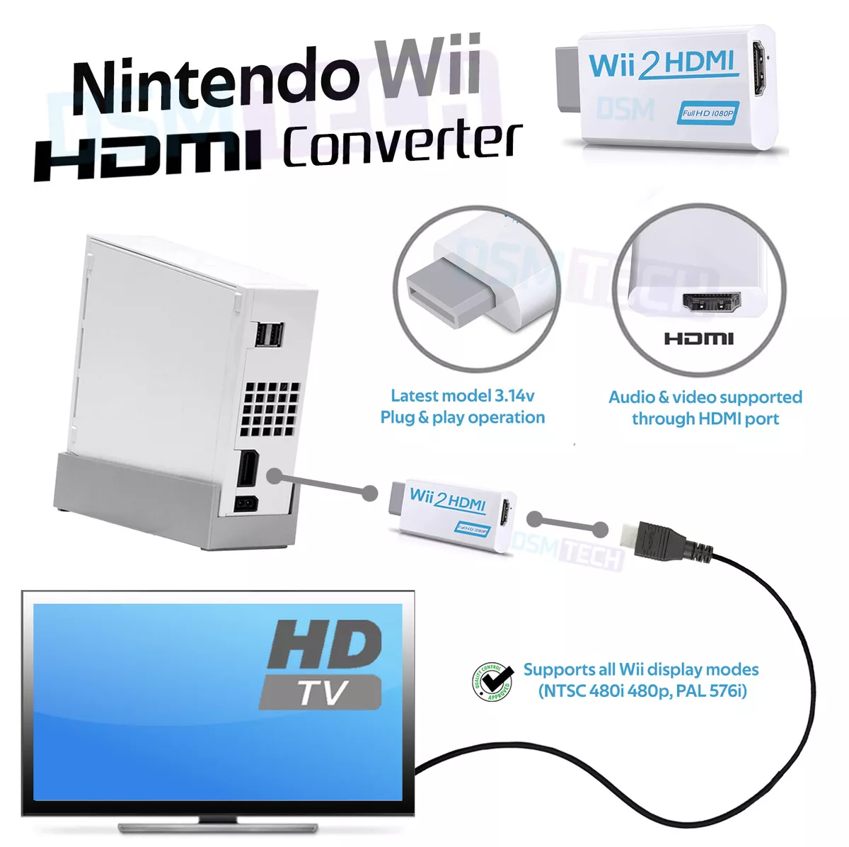 Adaptador Wii Convertidor A Hdmi Audio 3,5 Mm Hd Nintendo