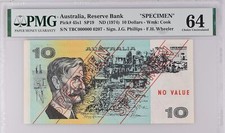 Australia 1974 Phillips Wheeler Type 3 $10 Specimen Banknote PMG 64 CHOICE UN...