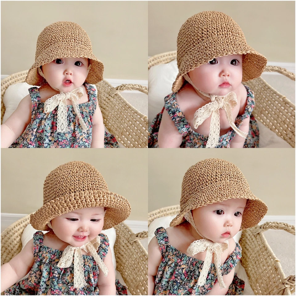 Sombrero de paja de verano para niños Lazo de encaje Bebé Niña Gorra Playa Niños Sombrero para el sol Sombreros de princesa Foto 2 de 4