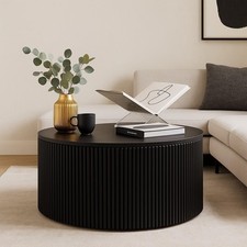 Dowson Coffee Table Black Ash Natural Round Top Ribbed Base 46.5 x 65cm
