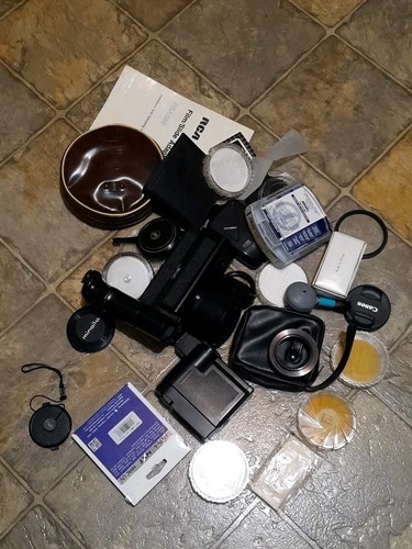 large box of camera Supplies Storage Locker Find Flashes, Lenses Cases Untested