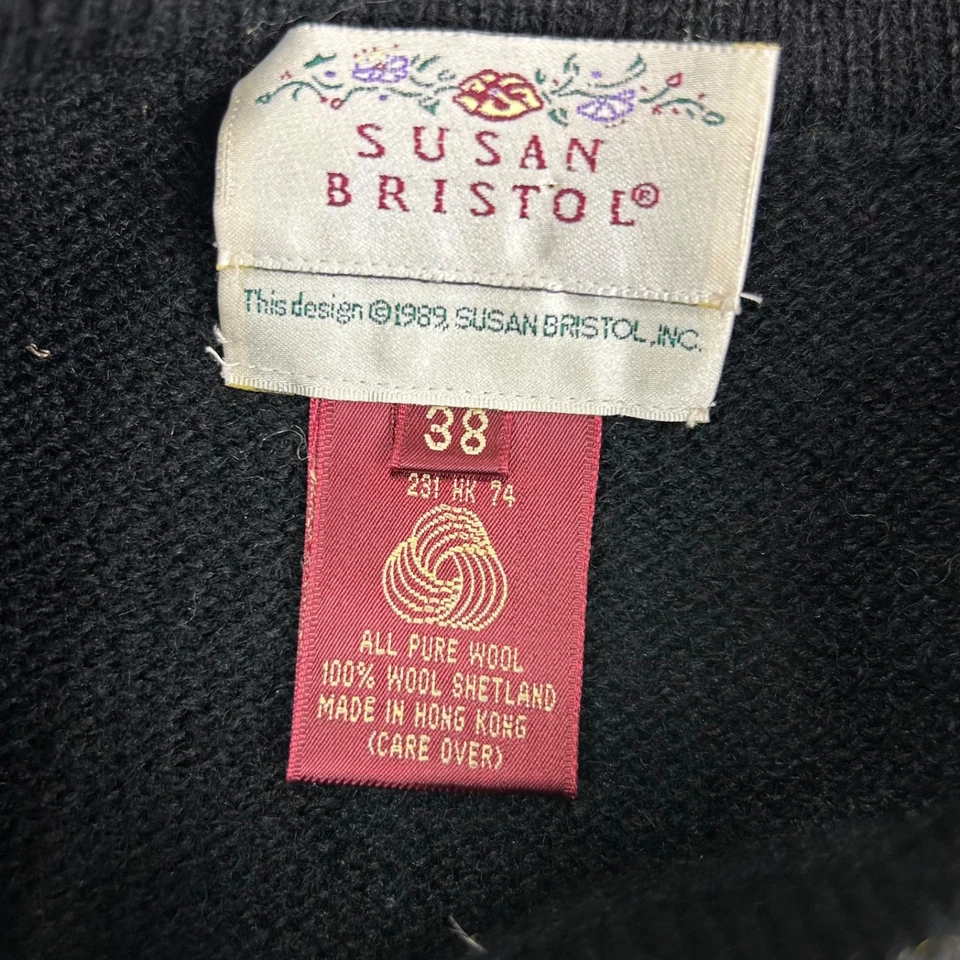Chaleco Suéter Vintage 1989 Susan Bristol Negro Lana Flores Botánico Talla M Foto 3 de 4