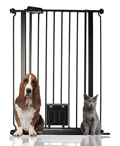 Bettacare Pet Gate with Lockable Cat Flap, 75cm - 84cm, Black, 104cm in Height,