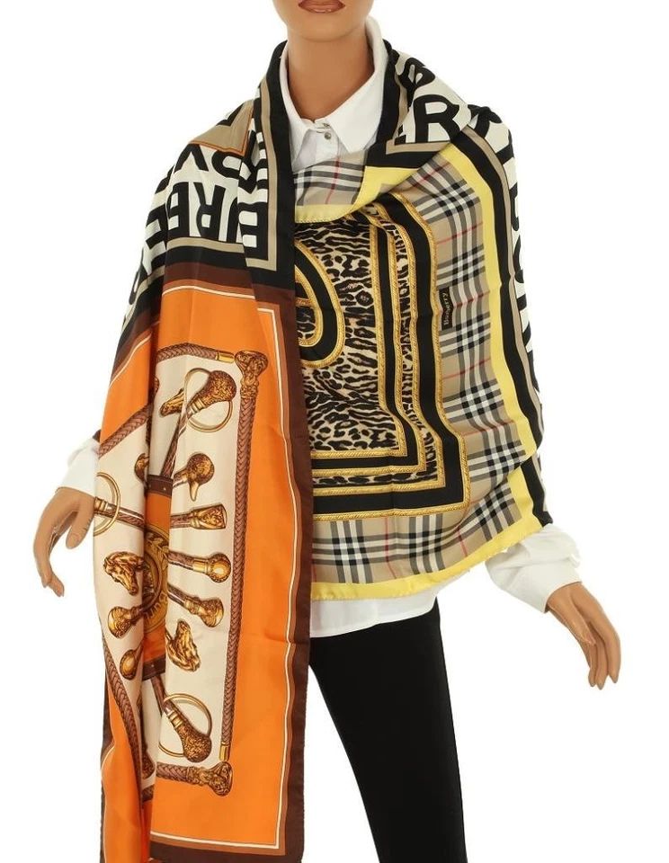 NUEVO CHAL ENVOLVENTE BUFANDA OBLONGA SEDA ESTAMPADO LEOPARDO CUADROS DE LUJO BURBERRY Foto 4 de 4