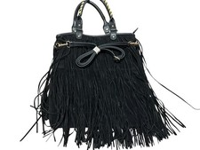 Leather Suede Fringe Hobo Shoulder Bag Black Boho Hippie Western Festival Gold