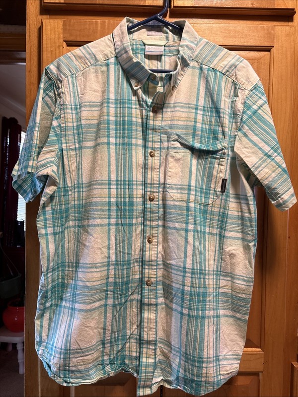 Men’s Columbia Large Greenish Blue Striped Short Sleeve Button Up