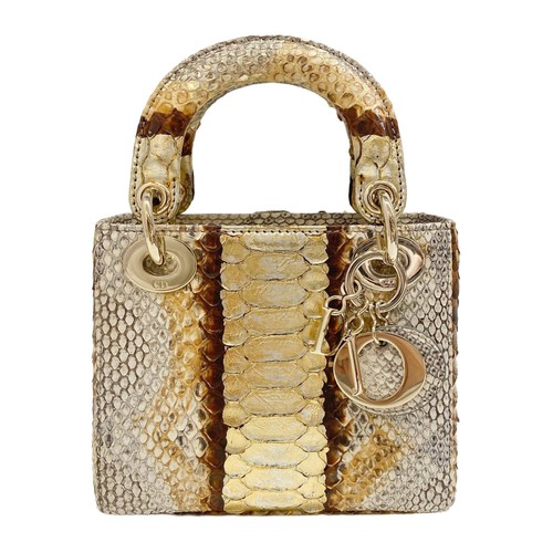 DIOR Mini Lady Dior Gold Accent Brown Embossed Python Leather Hand Bag