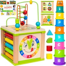 Wooden Activity Cube for Kids - Educational Developmental Toy for 1-2 Year Olds,