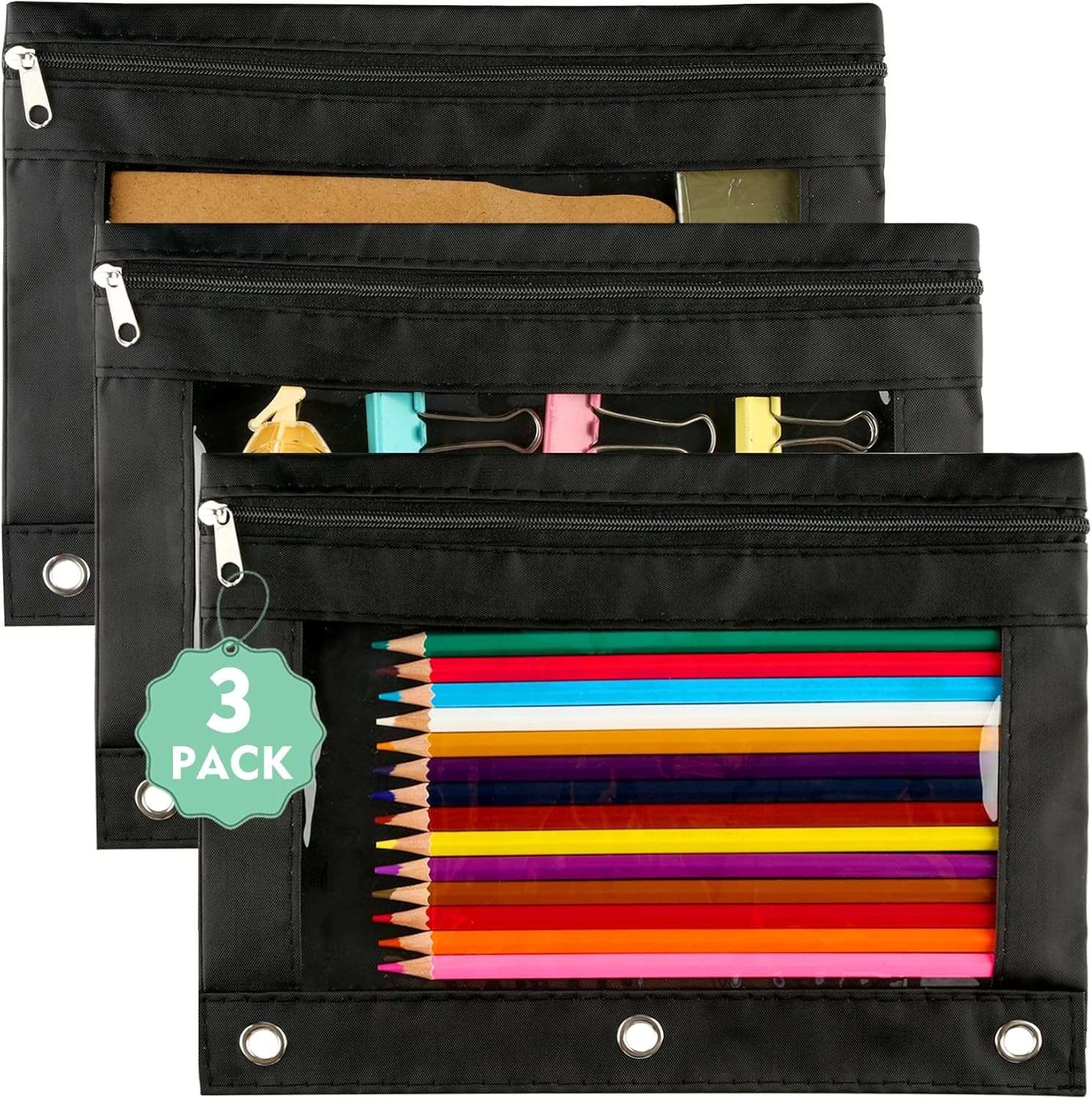 Pouch For 3 Ring Binder: 3 Pack Clear Pencil Pouch With Smooth Zipper| La