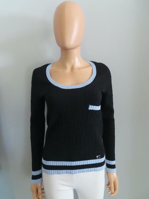 NWT CHANEL 24B Navy/Light Blue Cable Knit Long Sleeve Pullover Sweater F 34/US 2