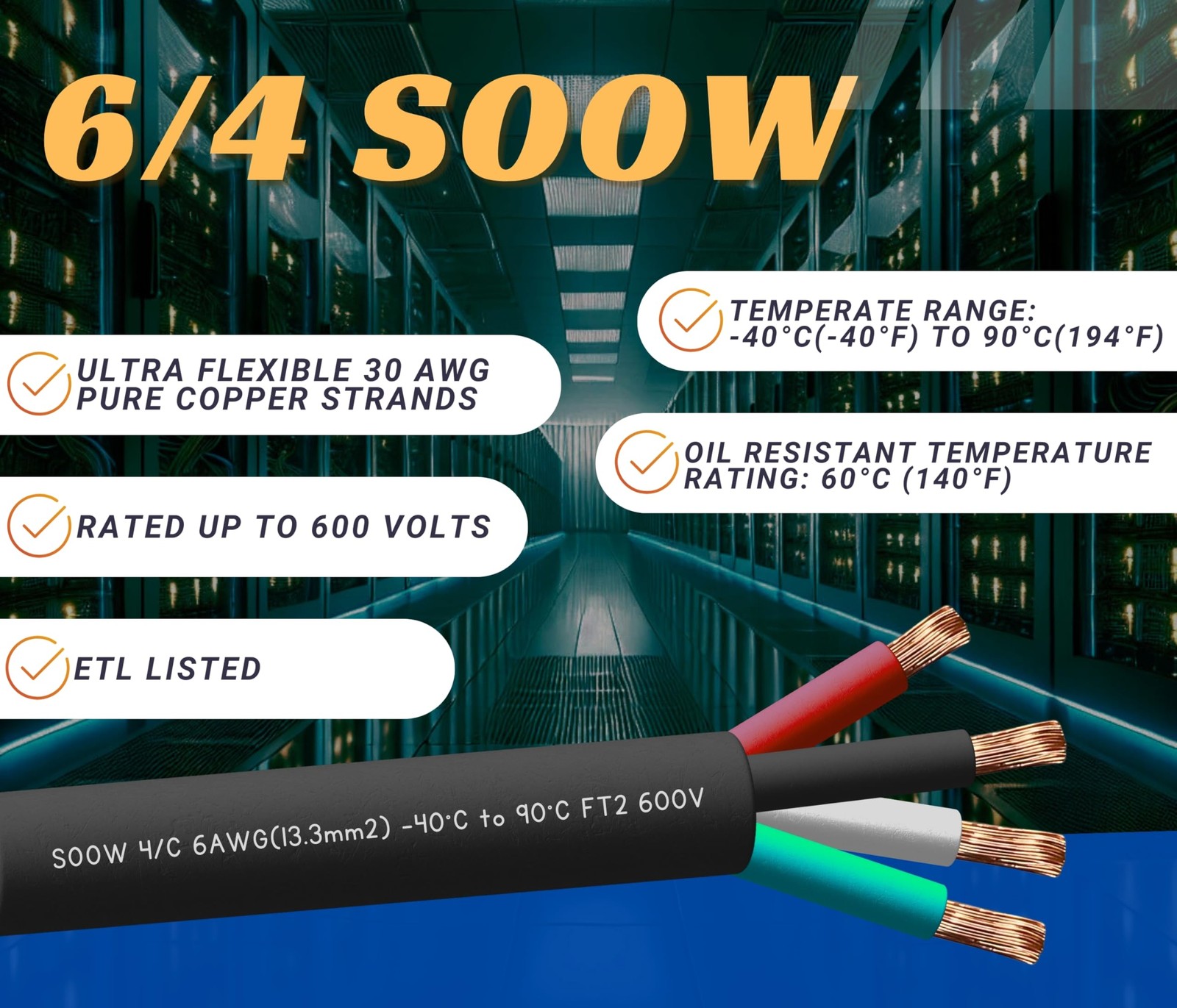 6 Gauge 4 Conductor 6/4 AWG Black SOOW Portable Power Cable Wire (20 Feet)