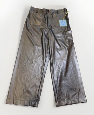 CeCe Pants Women s Large Metallic Silver Crop High  Rise Wide Leg Faux Leather