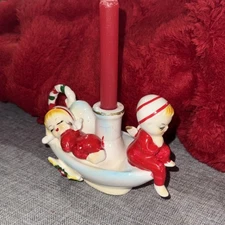 VTG KREISS CERAMIC CHRISTMAS CANDLEHOLDER SLEEPING CHERUB ANGELS JAPAN KITSCHY