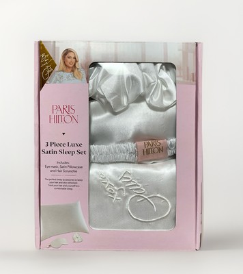 NEW Paris Hilton 3pc Luxe White Satin Sleep Set ~ Scrunchie / Mask / Pillowcase