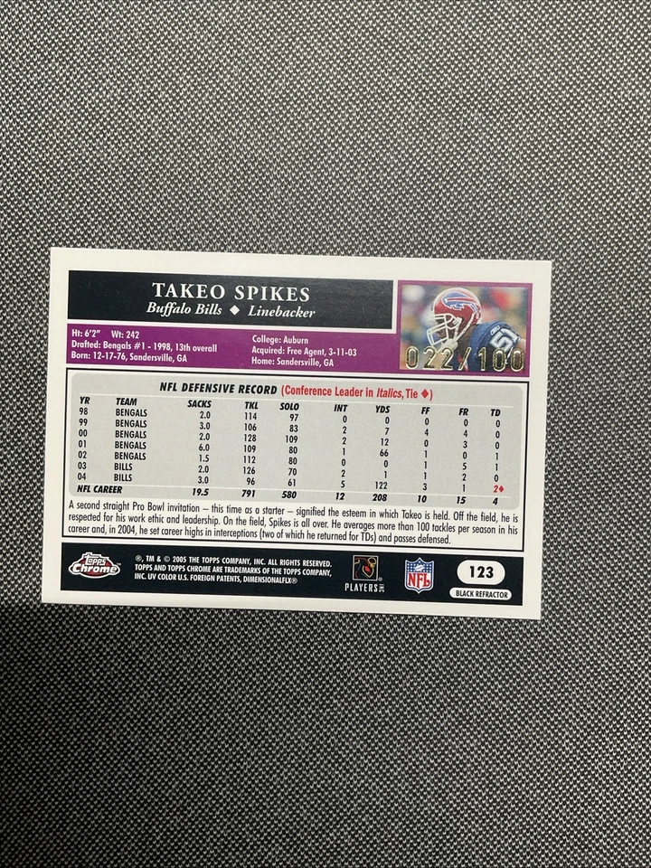 2005 Topps Chrome Takeo Spikes /100 Black Refractor Buffalo Bills #123 - Image 4 of 4