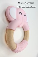 Pink Teether Toy Elephant Silicone  Wood for baby and toddler 0-36M