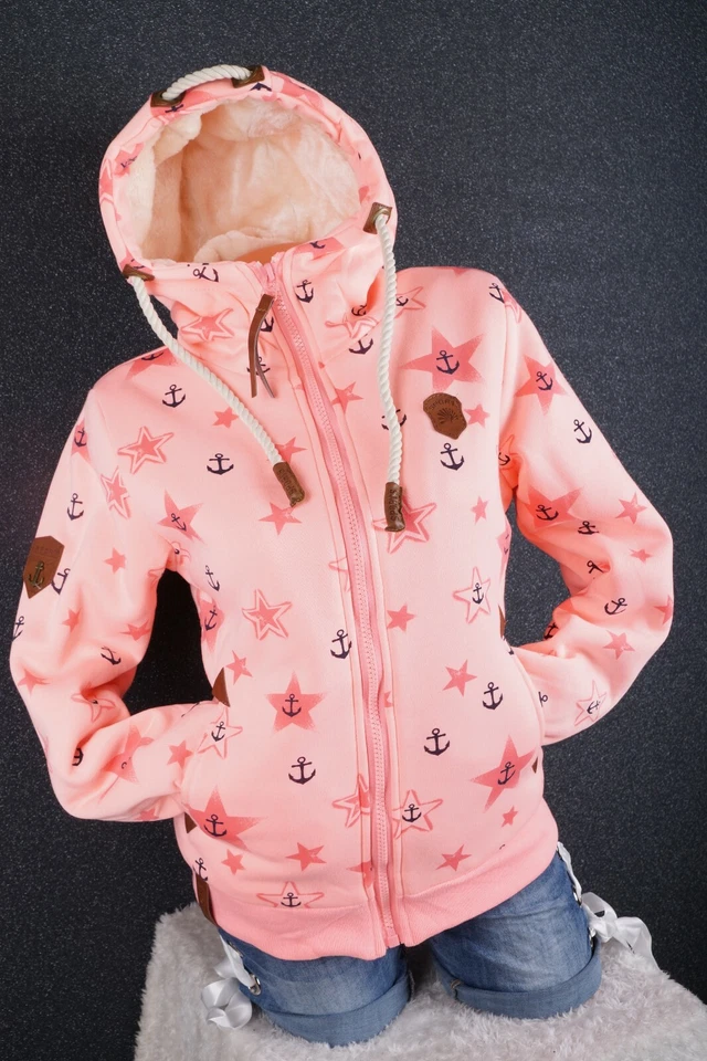 Damen Sweat Jacke Kapuze Hoodie Teddyfell gefüttert Sterne Anker M L XL 2XL 3XL - Bild 2 von 4
