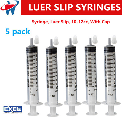 Syringe, Luer Slip, 10-12cc, With Cap, NO NEEDLE, 5/Pack, Syringes 10 cc, 12cc
