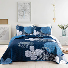 3 Pieces Navy Blue Floral Pattern Quilts Set Queen Size - Reversible Microfiber