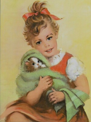 Florence Kroger? Girl & Cat, Never Was In A Frame, 11''x8.5'', Print VTG FREE SHIP
