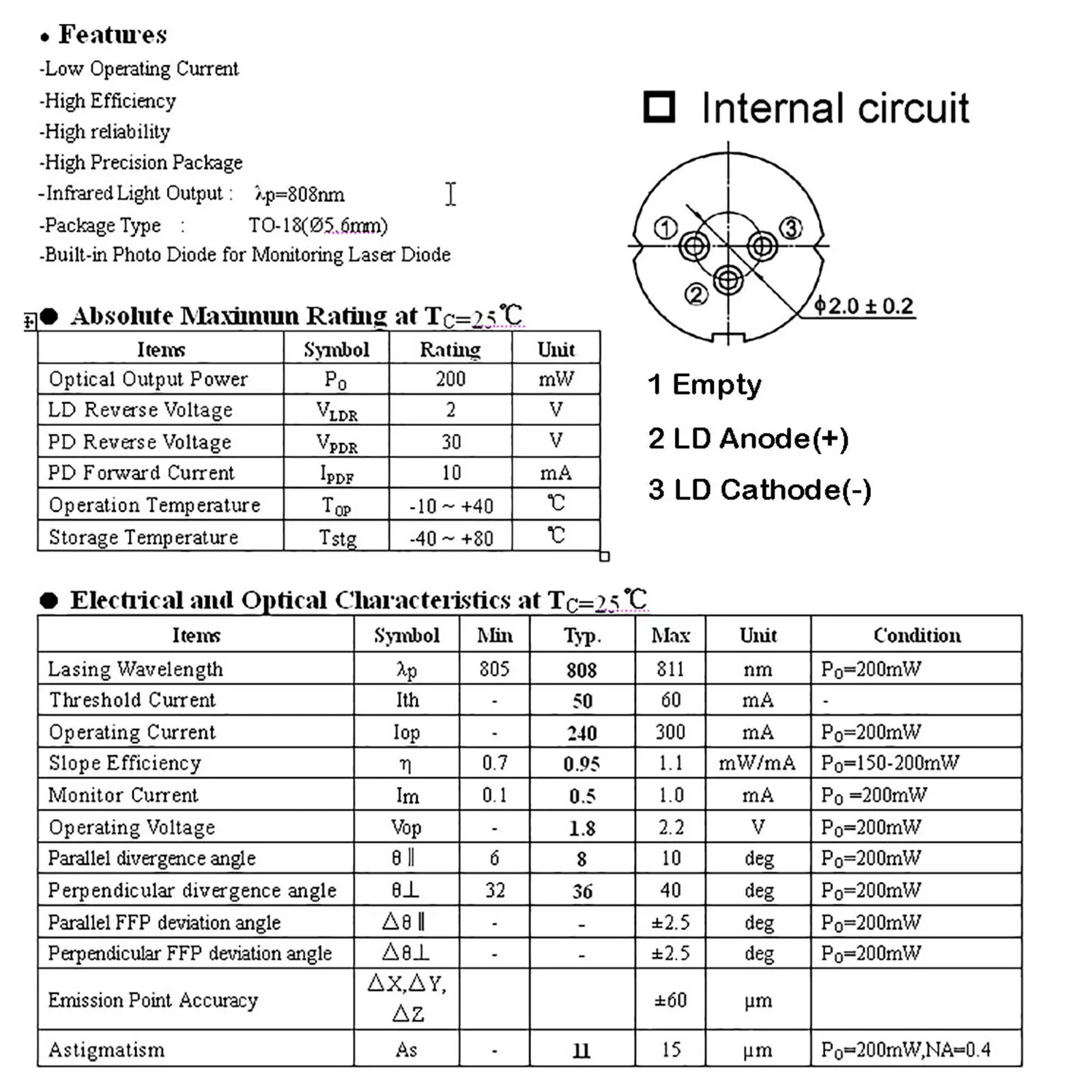 5pcs 808nm 200mW infrared laser diode night vision fill light TO185