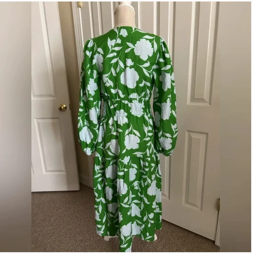 Abito midi Kate Spade lino verde bianco manica lunga taglia S