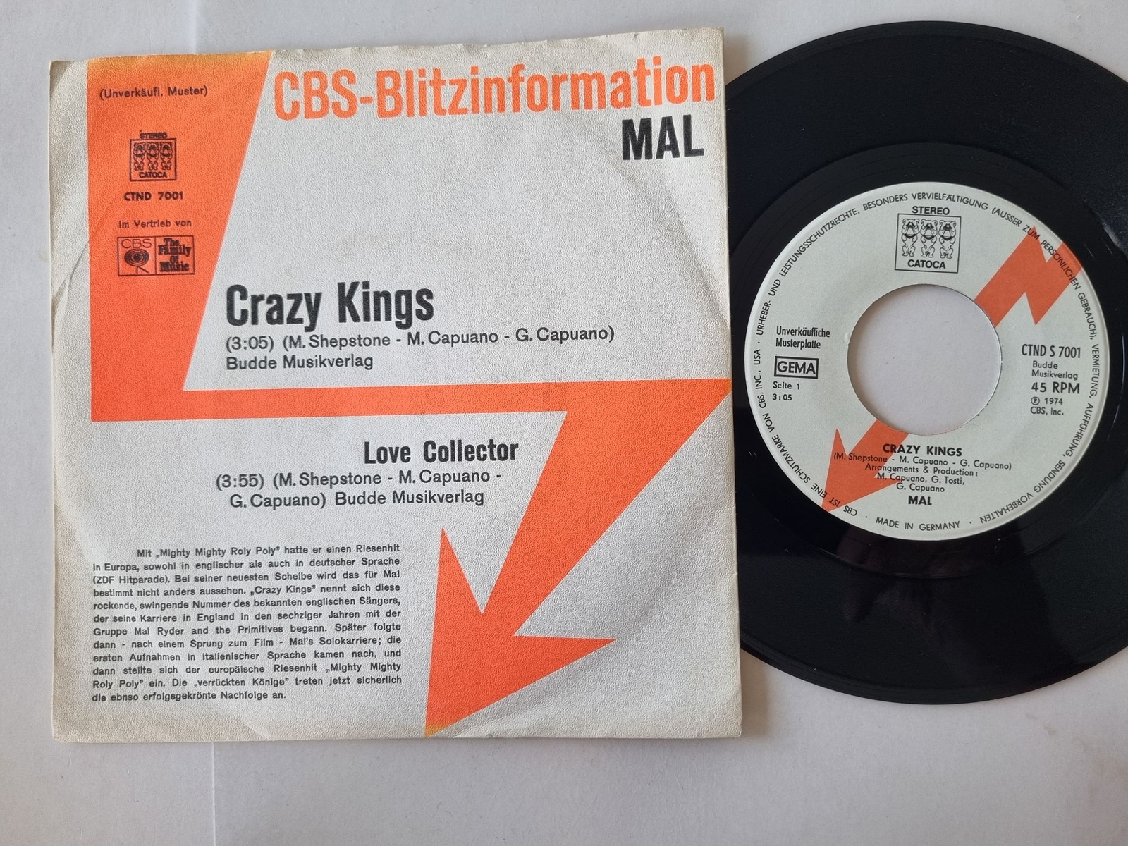 Mal - Crazy Kings / Love Collector 7'' Vinyl Germany PROMO
