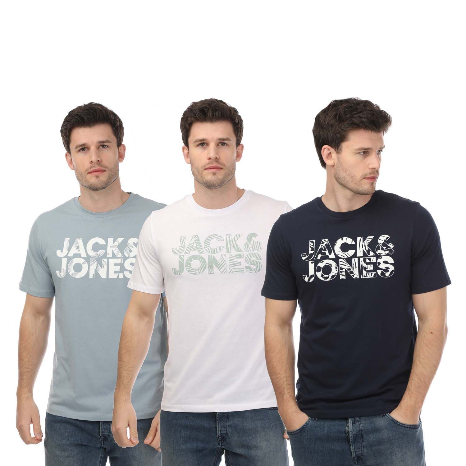 Футболки Herren с цветочным принтом Jack and Jones 3er Pack Crew в темно-синем цвете Blau Weiß