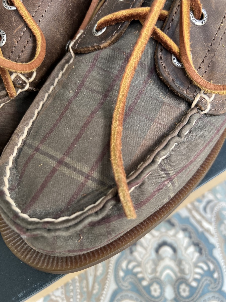 Sperry RARE | Olive/Burgandy Plaid Oilcloth/Leather Boat  display picture 1