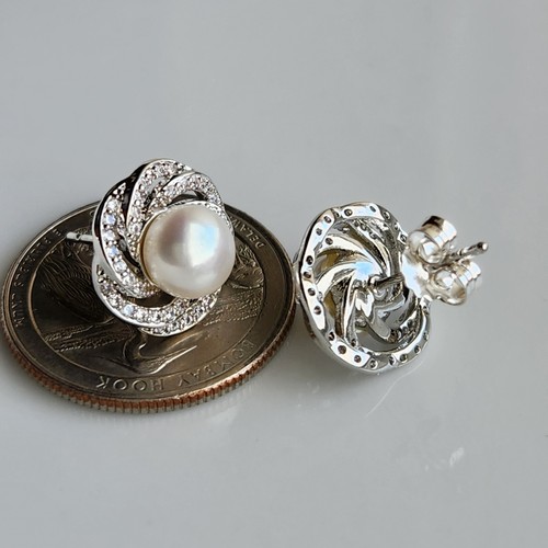 4A Natural 7.3mm Pearl Flower Petal Stud Earrings 925 Sterling Silver - Picture 2 of 2