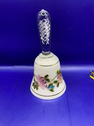 Vintage Czech Milk Glass Bell Hand Painted Flowers Air Twist Handle Gold Bands - Afbeelding 1 van 12