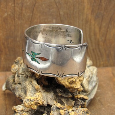 Vintage Sterling Silver Chip Inlay Coral and Turquoise Peyote Bird 