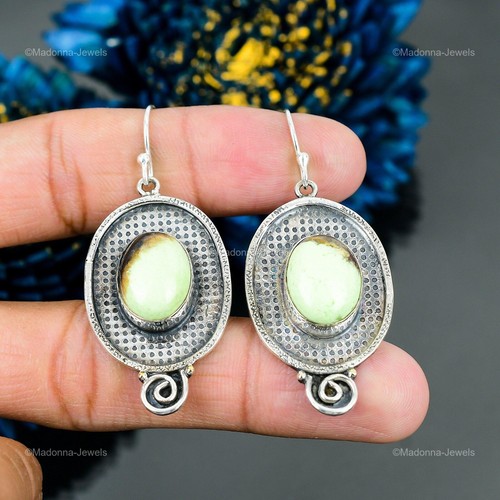 925 Sterling Silver Lemon Chrysoprase Stone Daughter Dangle Handcrafted Earrings - Picture 3 of 6