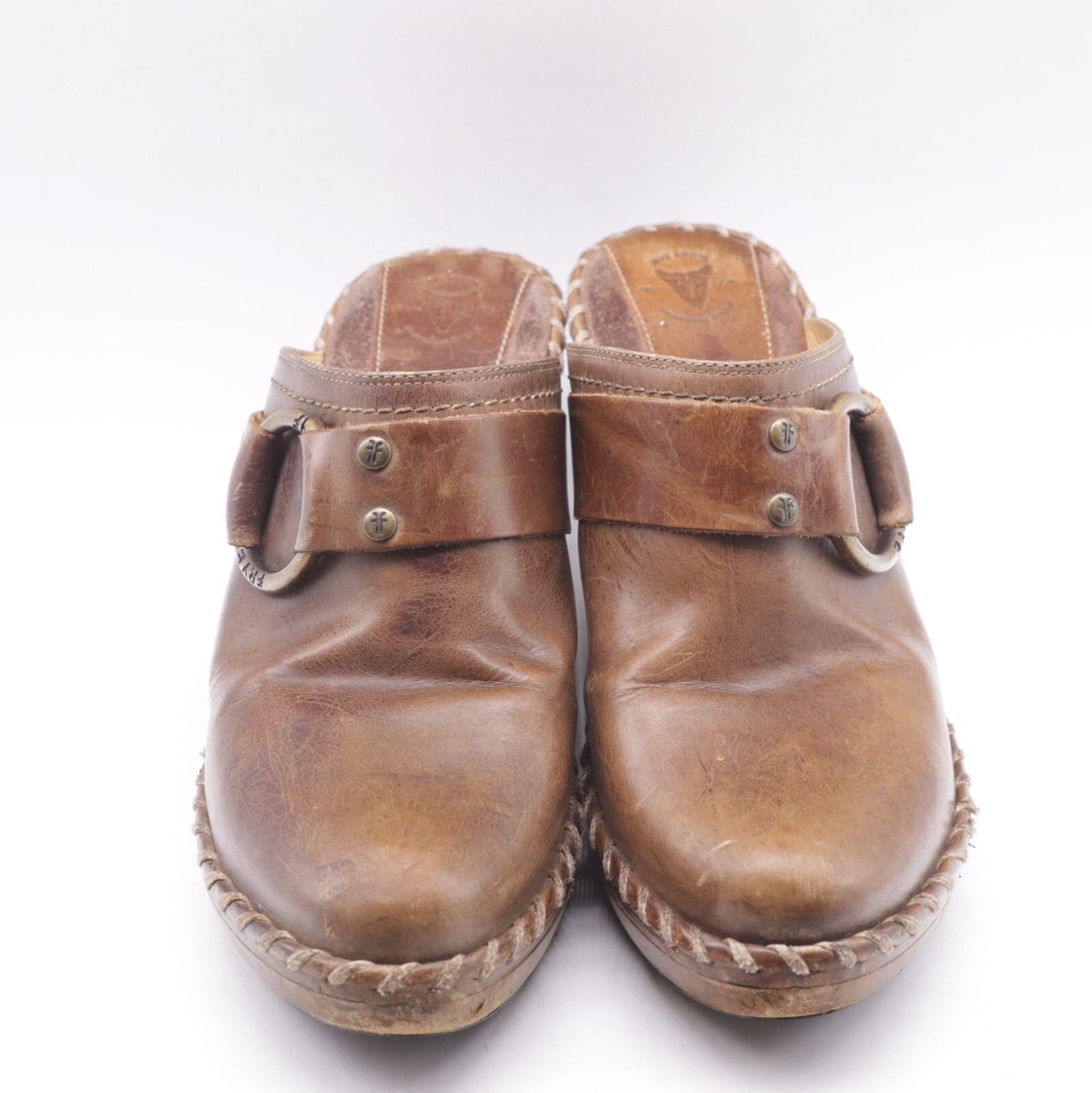 Frye Charlotte Ring Harness Brown Leather Heeled Mule Clogs
