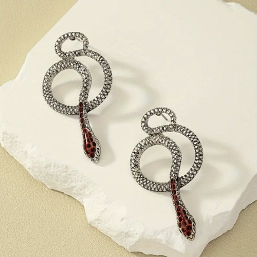 Gothic Carved Silver & Red Coiled Snake Stud Earrings NEW - Picture 6 of 6