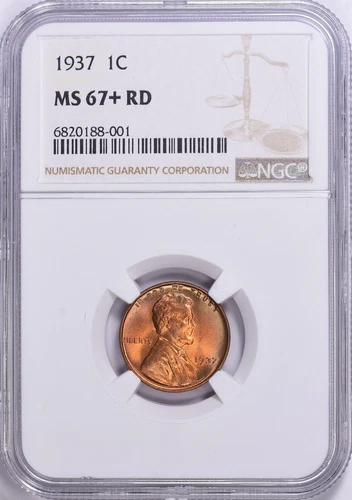 1937 1C MS67+ Red Lincoln Cent, Wheat Reverse NGC Certified Graded Very Rare
