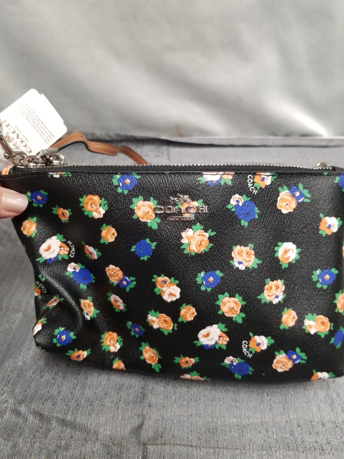 COACH Black Floral Double Zip Crossbody Bag F57628 Leather 2way Shoulder Purse