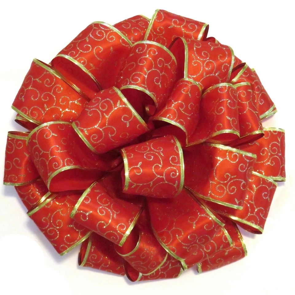 5 or 40 FEET 2 1/2" Christmas Wired Red Satin Ribbon Gold Glitter Tree Garland - Image 2 of 4