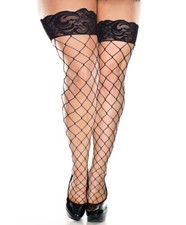 Plus Size Diamond Net Thigh High Stockings With Lace Top