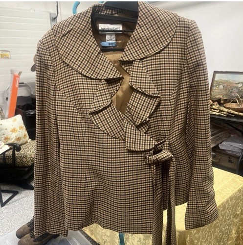 Women's vintage brown plaid Bloomingdale's suit set W 12 P.Ruffles - Picture 3 of 17