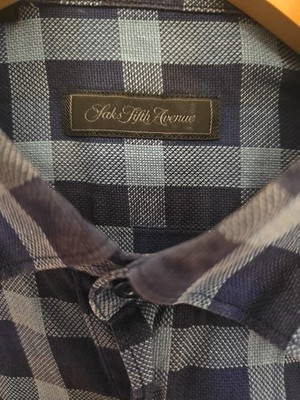 Saks Fifth Avenue Mens Long Sleeve Button Down Shirt Medium Blue Plaid Cotton