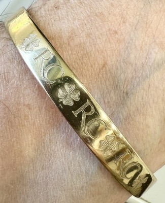 Rustic Cuff Gold Tone Logo Engraved Cuff Bracelet RC Clover Open Bangle