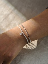 Silver Textured Chain And Oval Bead Bracelet Set With CZ Charm