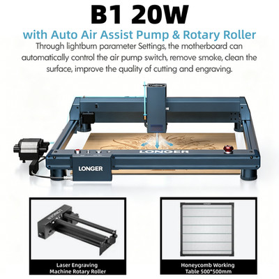Longer Laser B1 20W Laser Engraver with Auto Air Assist Pump & Rotary Roller NEW